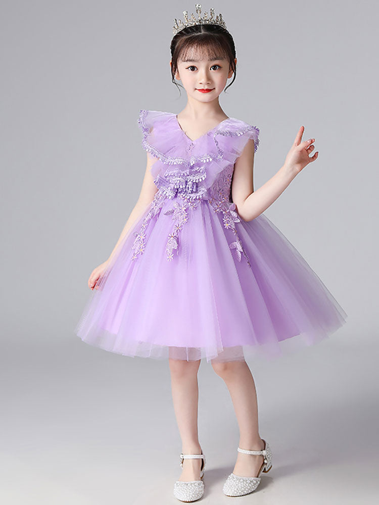 Light Sky Blue Designed Neckline Tulle Sleeveless Short A-Line Embroidered Kids Social Party Dresses-Dbrbridal