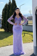 Lilac Mermaid Prom Dresses with Long Sleeves Sequins Beadings and Pearls-Dbrbridal