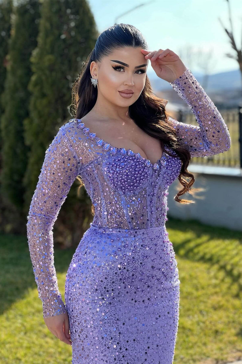 Lilac Mermaid Prom Dresses with Long Sleeves Sequins Beadings and Pearls-Dbrbridal