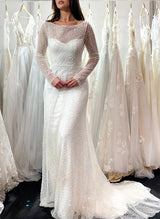 Long Sequined Wedding Dresses Illusion Neck for Sheath Fitted Silhouette-Dbrbridal