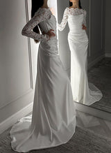 Long Sleeve Silk Like Satin Wedding Dresses Lace-Dbrbridal