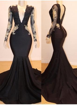 Long Sleeves Appliques Mermaid V-Neck Long Prom Dresses-Dbrbridal