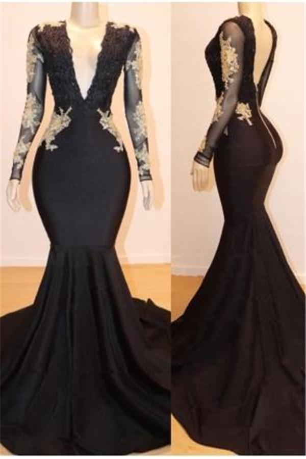 Long Sleeves Appliques Mermaid V-Neck Long Prom Dresses-Dbrbridal