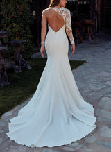 Long Sleeves Court Train Elastic Satin Wedding Dresses Appliques Lace-Dbrbridal