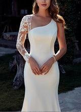 Long Sleeves Court Train Elastic Satin Wedding Dresses Appliques Lace-Dbrbridal
