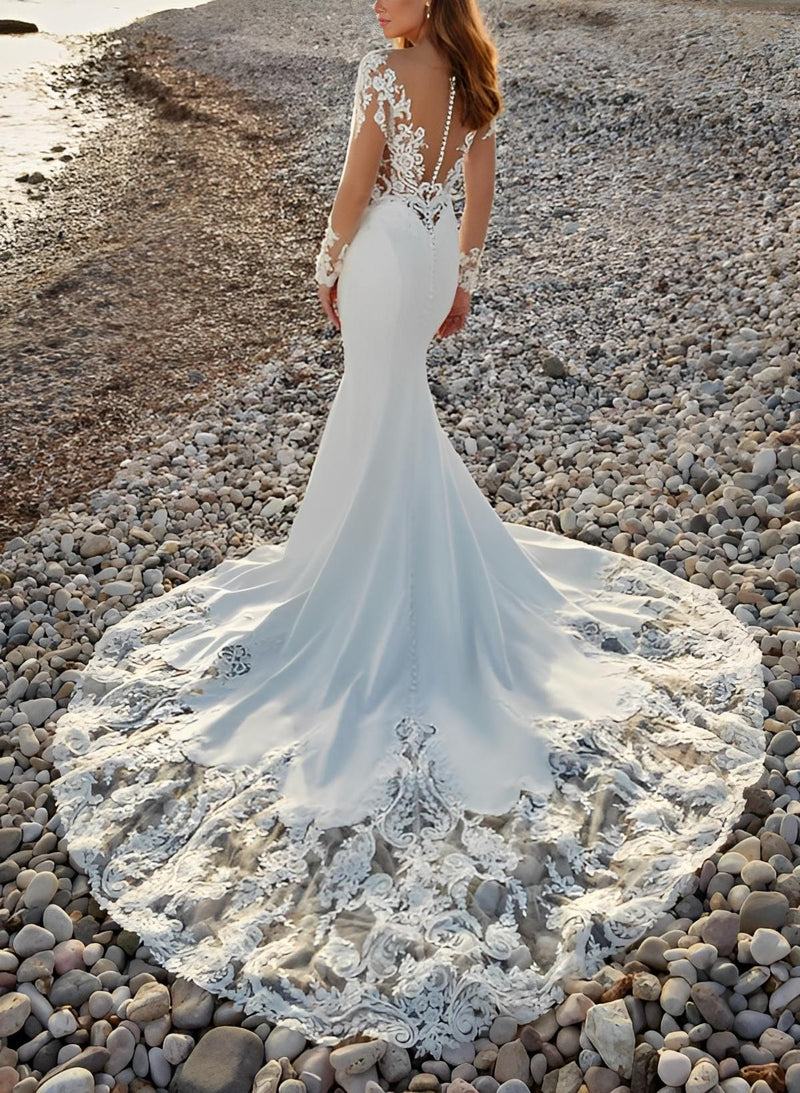 Long Sleeves Court Train Lace Elastic Satin Wedding Dresses Appliques Lace-Dbrbridal