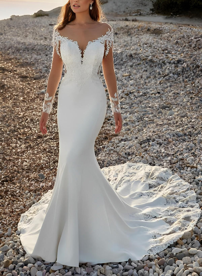 Long Sleeves Court Train Lace Elastic Satin Wedding Dresses Appliques Lace-Dbrbridal