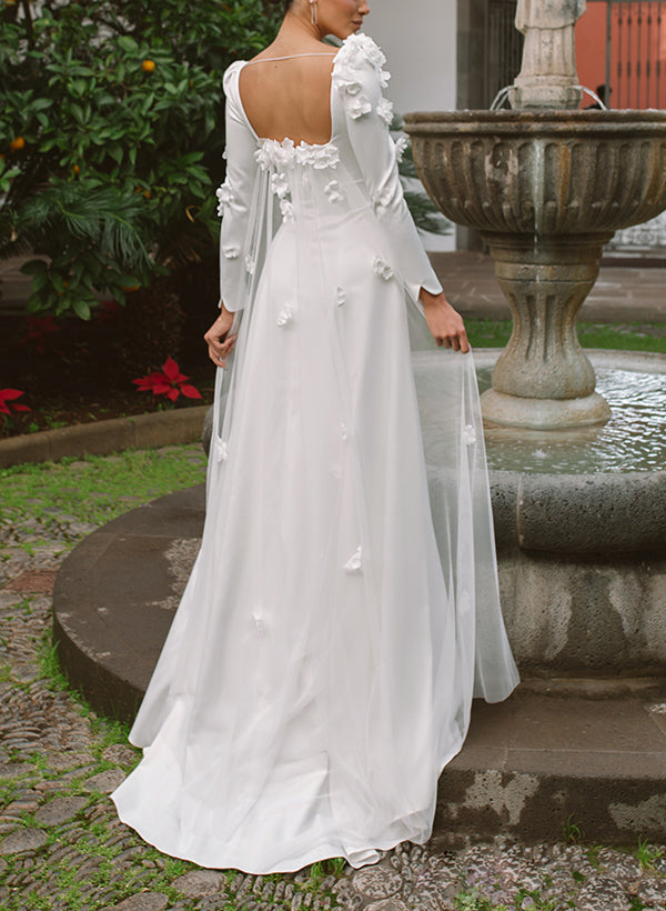 Long Sleeves Elastic Satin Chic A-line Wedding Dresses Appliques Lace-Dbrbridal