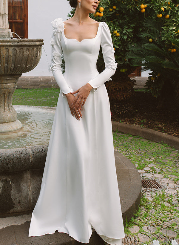Long Sleeves Elastic Satin Chic A-line Wedding Dresses Appliques Lace-Dbrbridal