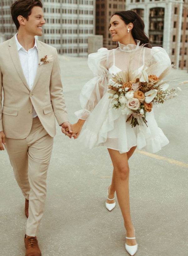 Long Sleeves Mini White Short Summer Wedding Dresses-Dbrbridal