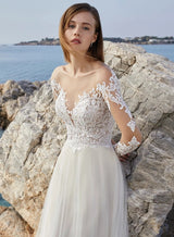 Long Sleeves Summer Beach Lace Wedding Dress Illusion Neck-Dbrbridal