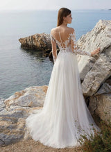 Long Sleeves Summer Beach Lace Wedding Dress Illusion Neck-Dbrbridal