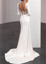 Long Sleeves Sweep Train Lace Satin Wedding Dresses Scoop Neck-Dbrbridal
