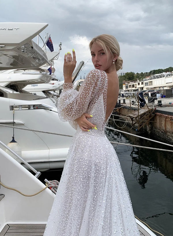 Long Sleeves V-Neck Sequin Sweep Train Wedding Dresses-Dbrbridal