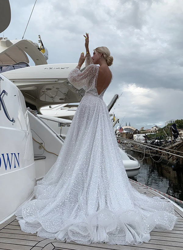 Long Sleeves V-Neck Sequin Sweep Train Wedding Dresses-Dbrbridal