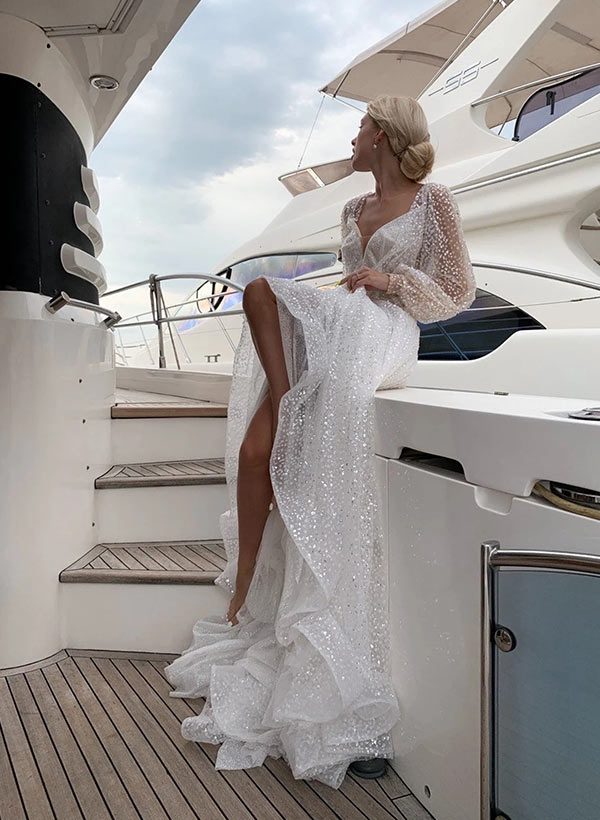 Long Sleeves V-Neck Sequin Sweep Train Wedding Dresses-Dbrbridal