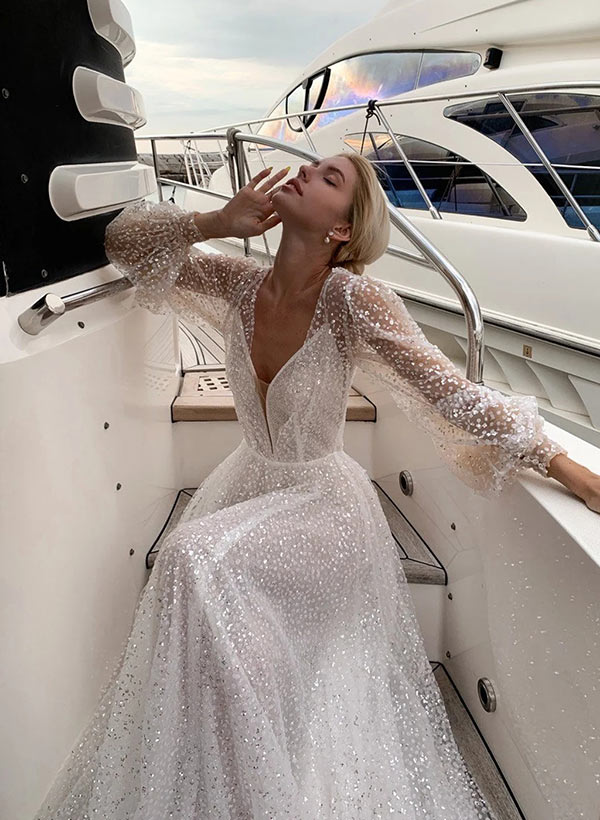 Long Sleeves V-Neck Sequin Sweep Train Wedding Dresses-Dbrbridal