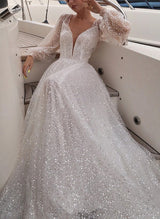Long Sleeves V-Neck Sequin Sweep Train Wedding Dresses-Dbrbridal