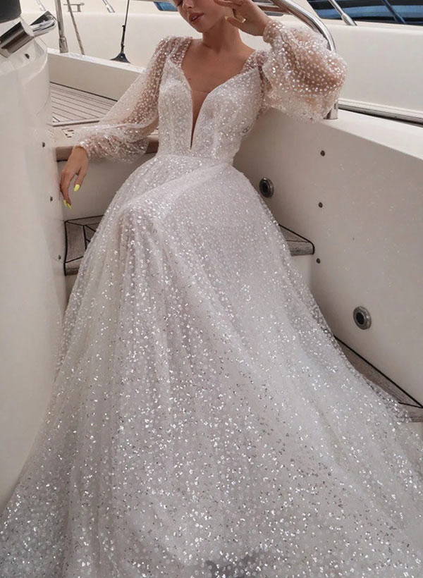 Long Sleeves V-Neck Sequin Sweep Train Wedding Dresses-Dbrbridal