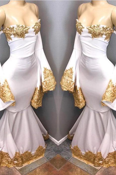 Long Sleevess Formal Dresses with gold appliques, mermaid Evening Party Gowns-Dbrbridal