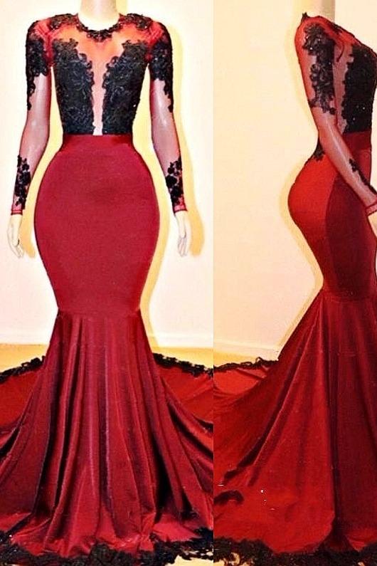 Long Sleevess Round Collar Mermaid Prom Dress Red Sequins Long Chiffon-Dbrbridal
