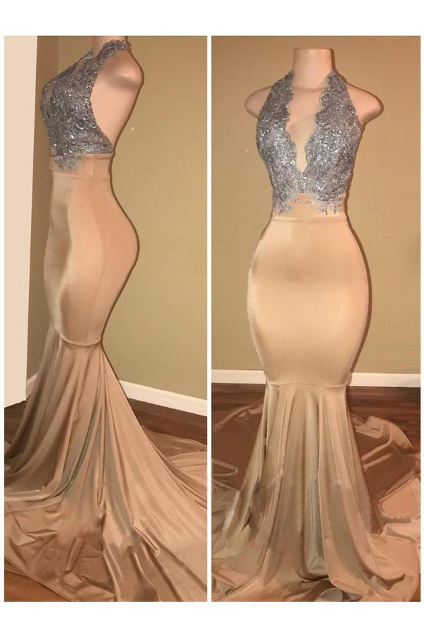 Luxurious Halter Sleeveless Lace Applique Mermaid Prom Dresses-Dbrbridal
