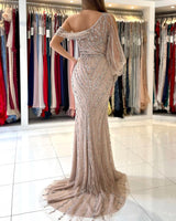 Luxurious Long Sleeves Beadings Prom Dress Long Mermaid Eevning Gowns With Slit-Dbrbridal