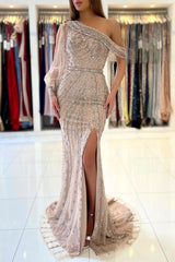Luxurious Long Sleeves Beadings Prom Dress Long Mermaid Eevning Gowns With Slit-Dbrbridal
