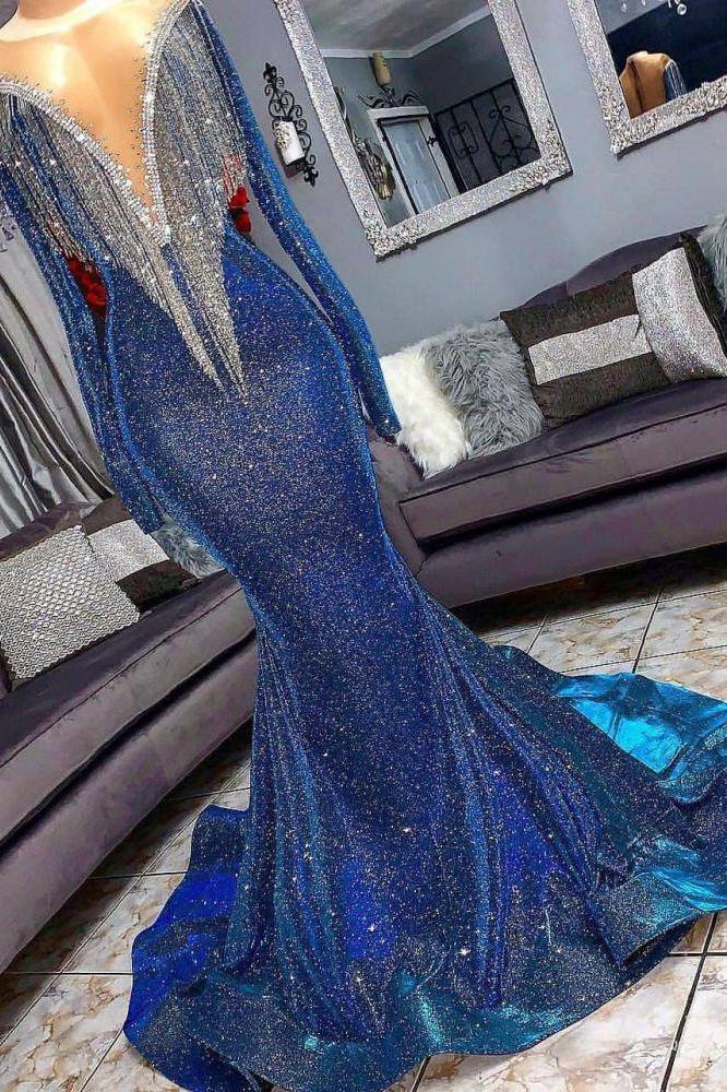 Luxurious Sequins Long Sleeves Mermaid Sheer Neckline Prom Dresses-Dbrbridal