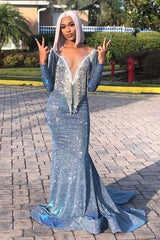 Luxurious Sequins Long Sleeves Mermaid Sheer Neckline Prom Dresses-Dbrbridal