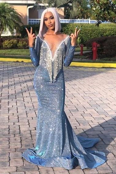 Luxurious Sequins Long Sleeves Mermaid Sheer Neckline Prom Dresses-Dbrbridal