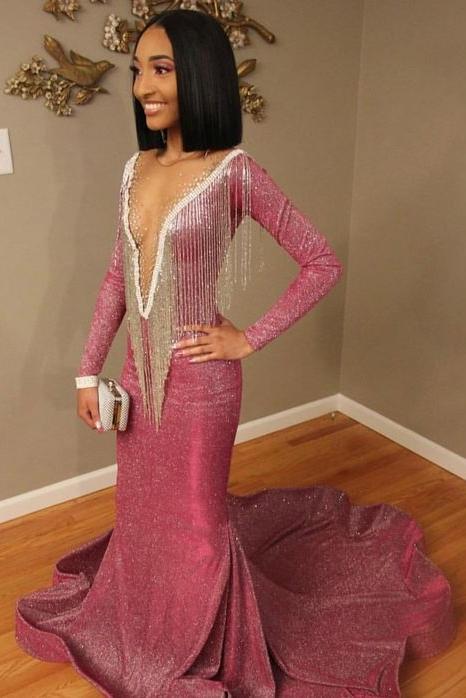 Luxurious Sequins Long Sleeves Mermaid Sheer Neckline Prom Dresses-Dbrbridal