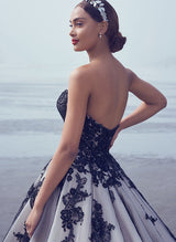 Luxury Ball-Gown Strapless Black Wedding Dress Lace Tulle Appliques-Dbrbridal