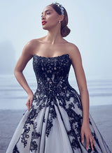 Luxury Ball-Gown Strapless Black Wedding Dress Lace Tulle Appliques-Dbrbridal