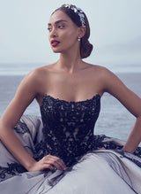 Luxury Ball-Gown Strapless Black Wedding Dress Lace Tulle Appliques-Dbrbridal