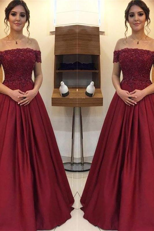 Maroon Off-the-Shoulder Applique Prom Dresses Charming Beads Ruffles Sleeveless Chic Evening Dresses-Dbrbridal
