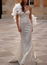 Mermaid Fitted Sleeveless Sweep Train Sequined Wedding Dress-Dbrbridal
