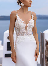 Mermaid Fitted V-Neck Satin Lace Court Train Wedding Dresses Lace-Dbrbridal