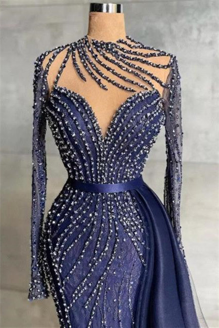 Mermaid Jewel With Side Train Long Long Sleeve Beading Sequins Lace With Side Train Prom Dresses-Dbrbridal