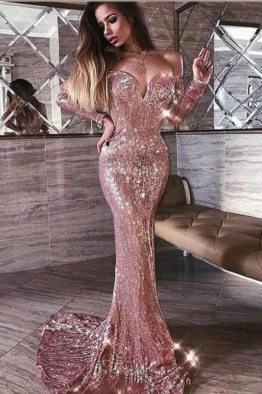 Mermaid Pink Shiny Sequins Strapless Off-the-Shoulder Long Sleeves Formal Dresses-Dbrbridal