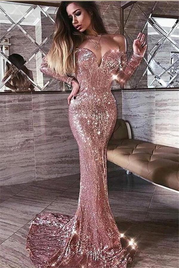 Mermaid Pink Shiny Sequins Strapless Off-the-Shoulder Long Sleeves Formal Dresses-Dbrbridal