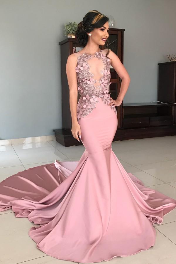 Mermaid Strapless Jewel Appliques Chic Prom Dresses Glamorous Long Evening Dresses With Chapel Train-Dbrbridal