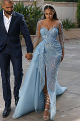 Mermaid Strapless Sweetheart Long With Side Train Appliques Lace High Split Long Sleeve Prom Dresses-Dbrbridal