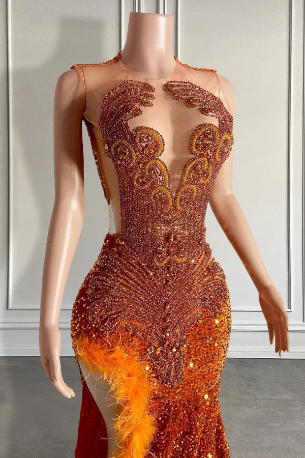 Mermaid Style Burnt Orange Sequins Prom Dress with Side Slit Long Leng – Dbrbridal