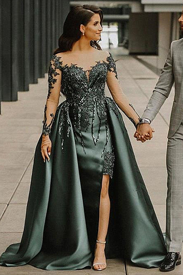 Mermaid Sweetheart Long Long Sleeve Appliques Lace With Side Train Prom Dresses-Dbrbridal