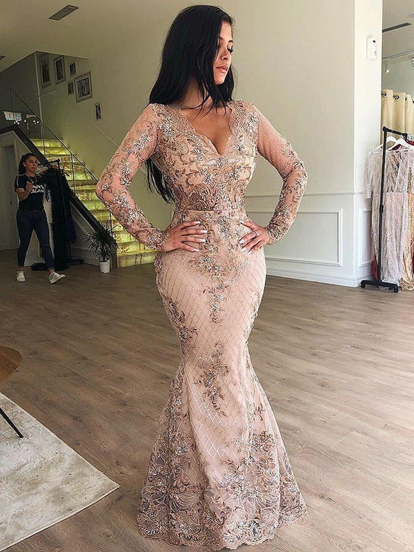 Mermaid V-Neck Long Sleeves Appliques Prom Dresses with Detachable Skirt-Dbrbridal