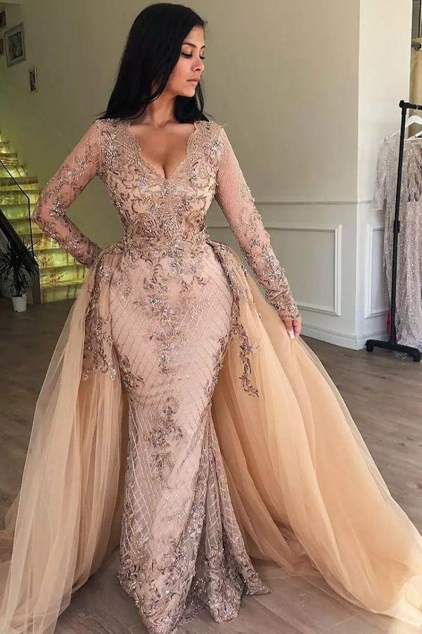 Mermaid V-Neck Long Sleeves Appliques Prom Dresses with Detachable Skirt-Dbrbridal