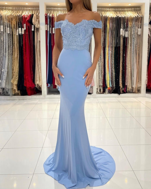 Modern Blue Off-the-shoulder Mermaid Prom Dresses With Lace-Dbrbridal