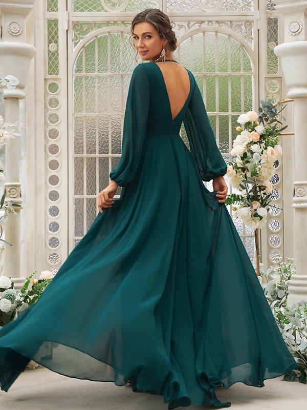 Modern Chiffon Ruffles V-neck Long Sleeves Bridesmaid Dresses Dbrbridal Modern Chiffon Ruffles V-neck Long Sleeves Bridesmaid Dresses Dbrbridal