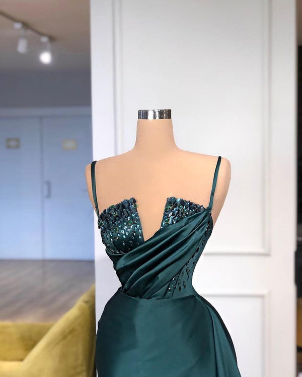 Modern Crystal Mermaid Evening Dress With Detachable Train Spaghetti-Straps-Dbrbridal